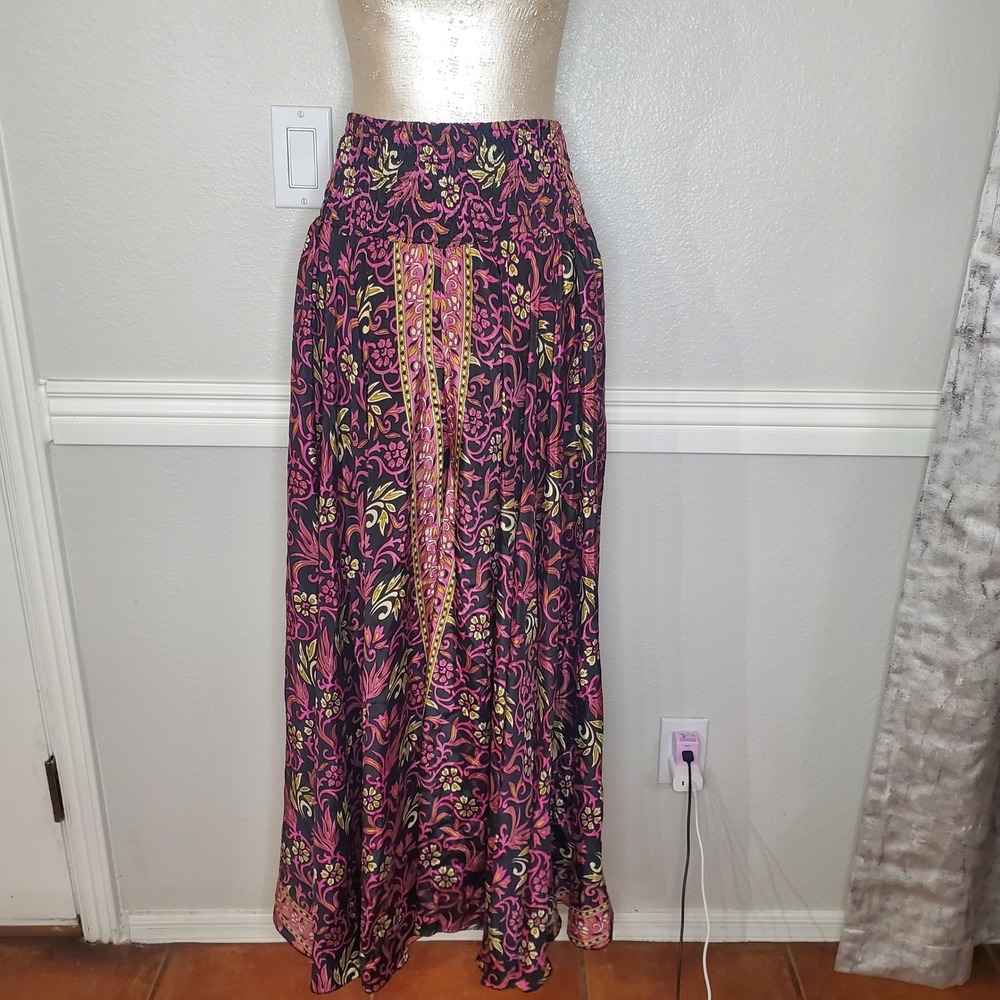 Rhea Silk Blend Wide Leg Palazzo Pants Pink Floral Boho Smocked Waist One Size